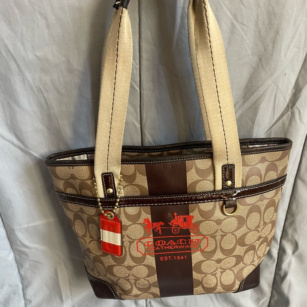 y2K Coach Brown Signature Heritage Stripe Tote Bag